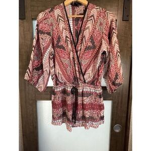 Angie Romper Womens‎ Large Faux Wrap Bell Sleeve Elastic Waist Multi Print Boho